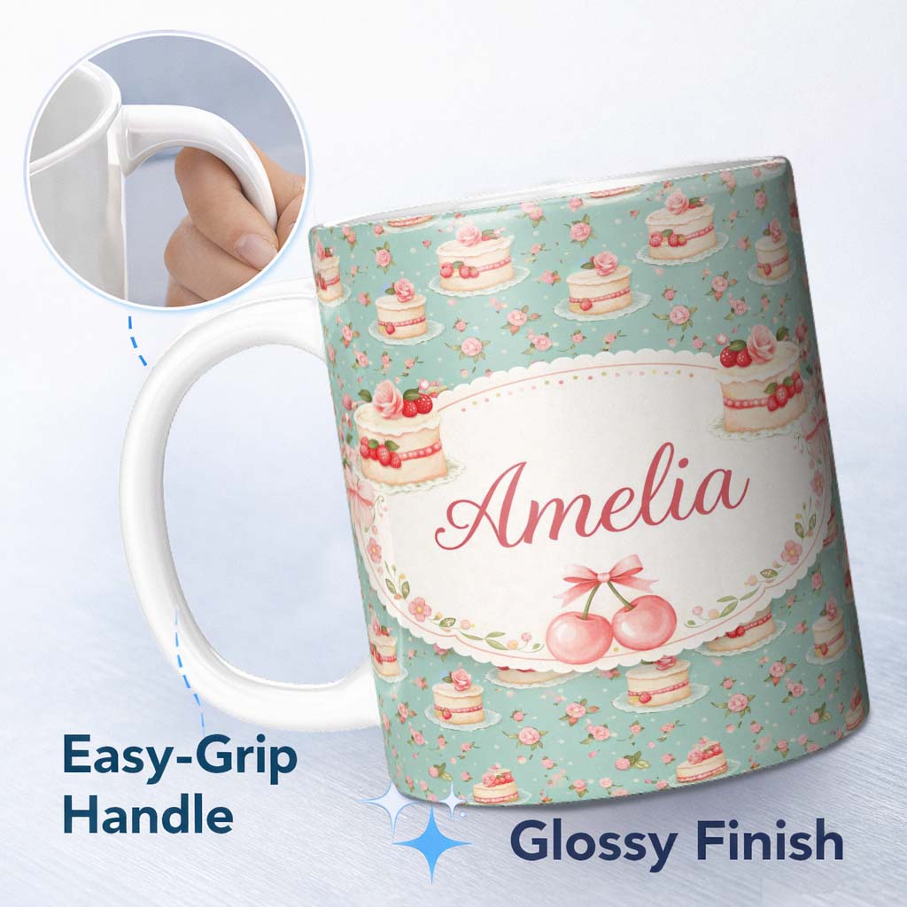 Personalized Custom Name Blue Floral Cake Seamless Pattern Vintage Dessert Botanical Design 11oz Ceramic Coffee Tea Mug White Large Handle