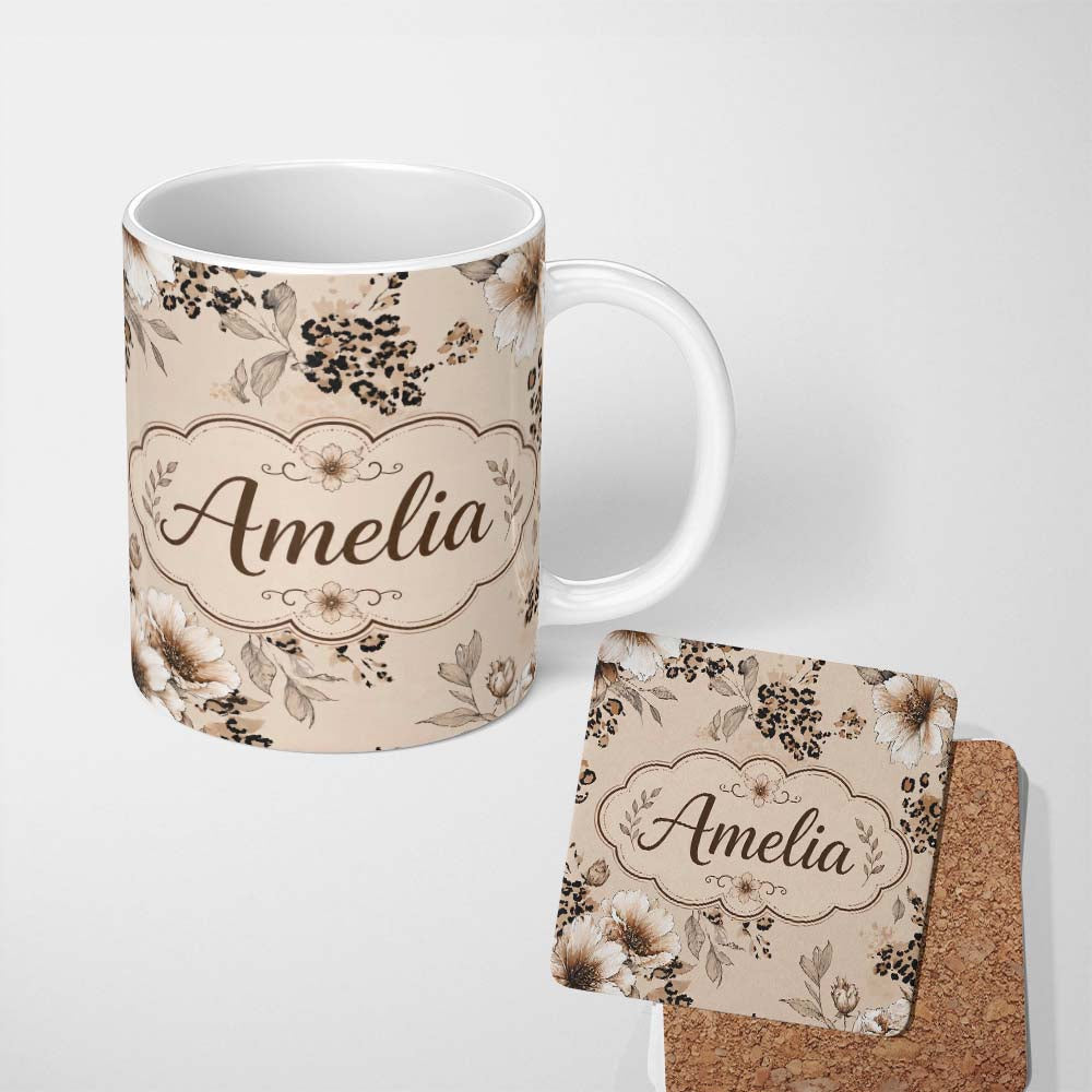 Personalized Custom Name Elegant Beige Floral with Vintage Flowers and Leopard Print Lovely 11oz Ceramic Coffee Tea Mug White Large Handle