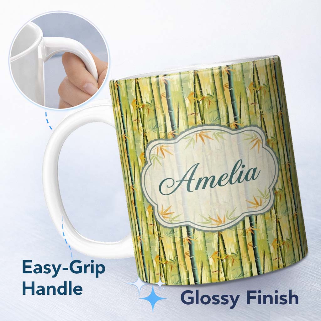 Personalized Custom Name Bright Bamboo Stems with Yellow and Green Tones Seamless Pattern 11oz Ceramic Coffee Tea Mug White Large Handle