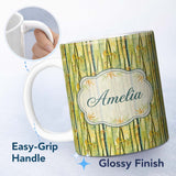 Personalized Custom Name Bright Bamboo Stems with Yellow and Green Tones Seamless Pattern 11oz Ceramic Coffee Tea Mug White Large Handle