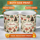 Personalized Custom Name Festive Christmas Tree Gift Ornament Star Holiday Seamless Pattern 11oz Ceramic Coffee Tea Mug White Large Handle