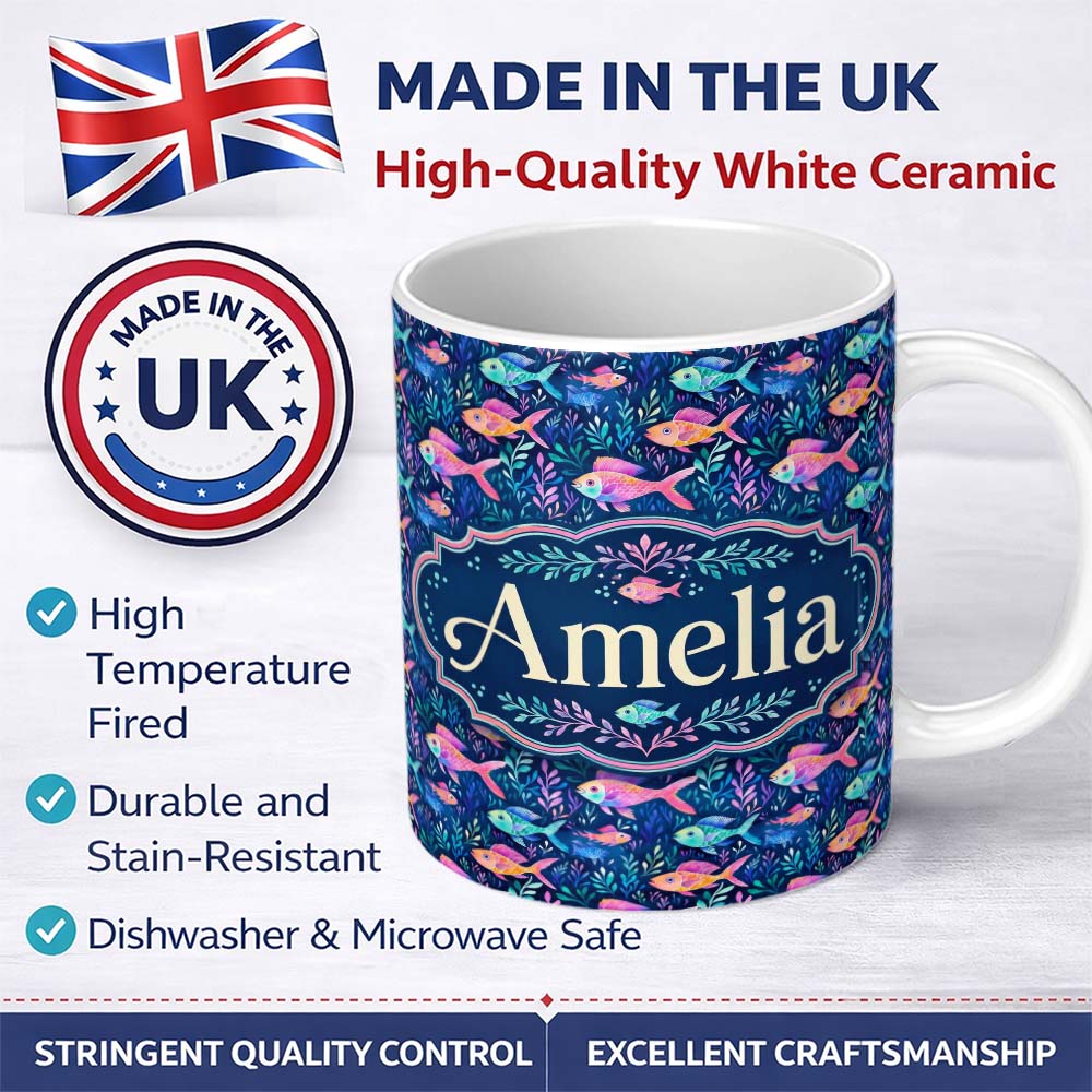 Personalized Custom Name Bright Tropical Fish and Coral Reef Pattern in Vibrant Neon Colours 11oz Ceramic Coffee Tea Mug White Large Handle