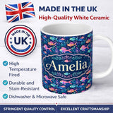 Personalized Custom Name Bright Tropical Fish and Coral Reef Pattern in Vibrant Neon Colours 11oz Ceramic Coffee Tea Mug White Large Handle