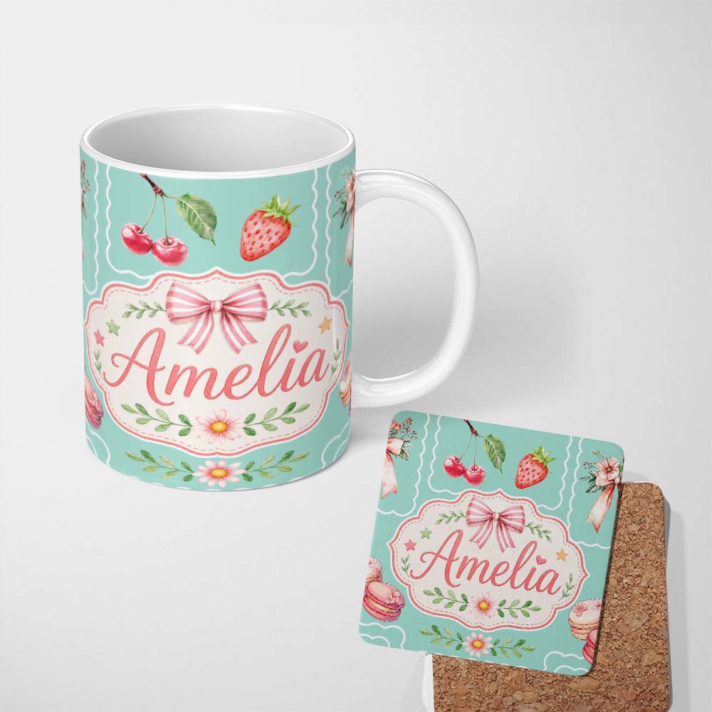 Personalized Custom Name Cute Strawberry Cherry Ribbon Bow Sweet Dessert Pattern Teal Green 11oz Ceramic Coffee Tea Mug White Large Handle