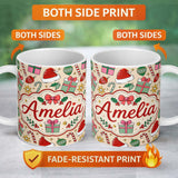 Personalized Custom Name Cute Christmas Gifts Candy Canes Baubles Santa Hat Festive Seamless 11oz Ceramic Coffee Tea Mug White Large Handle