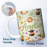 Personalized Custom Name Cute Halloween Donuts Sweet Spooky Treats Soft Sage Background 11oz Ceramic Coffee Tea Mug White Large Handle