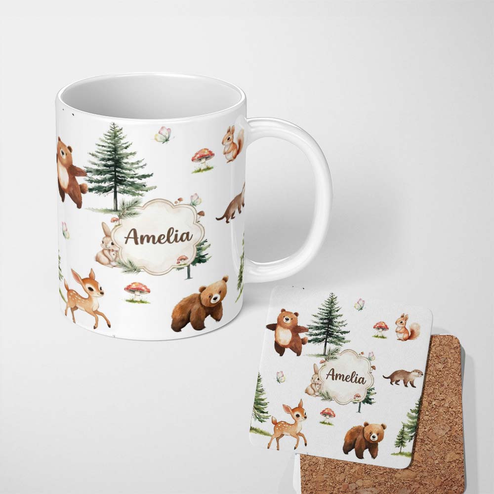 Personalized Custom Name Bear Bunny Deer Squirrel Trees Mushrooms Butterfly Soft Grey 11oz Ceramic Coffee Tea Mug White Large Handle