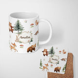 Personalized Custom Name Bear Bunny Deer Squirrel Trees Mushrooms Butterfly Soft Grey 11oz Ceramic Coffee Tea Mug White Large Handle