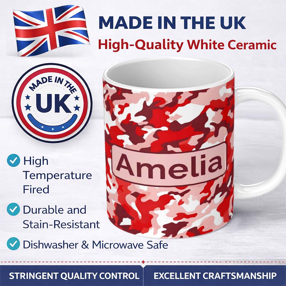 Personalized Custom Name Red Pink Abstract Camouflage Seamless Pattern Cute Unique Gift 11oz Ceramic Coffee Tea Mug White Large Handle