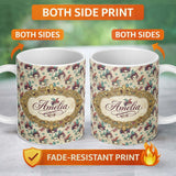 Personalized Custom Name Golden Venetian Masks with Decorative Elements on Cream Seamless 11oz Ceramic Coffee Tea Mug White Large Handle
