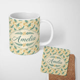 Personalized Custom Name Teal and Mustard Fern Botanical Watercolor Seamless Pattern Lovely 11oz Ceramic Coffee Tea Mug White Large Handle