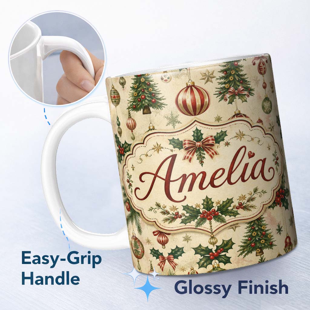 Personalized Custom Name Classic Christmas Baubles Trees and Snowflakes Festive Pattern 11oz Ceramic Coffee Tea Mug White Large Handle