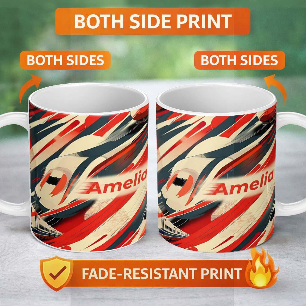 Personalized Custom Name Dynamic Bullet Train Motion Abstract with Red and Black Lines Lovely 11oz Ceramic Coffee Tea Mug White Large Handle