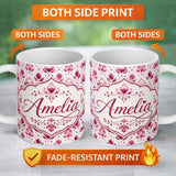 Personalized Custom Name Pink Watercolor Leaf Botanical Seamless Pattern Perfect Gift for Her 11oz Ceramic Coffee Tea Mug White Large Handle