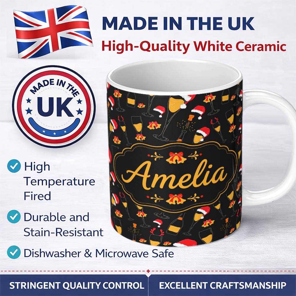 Personalized Custom Name Festive Champagne Glass Santa Hat Christmas Seamless Pattern Lovely 11oz Ceramic Coffee Tea Mug White Large Handle