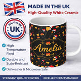 Personalized Custom Name Festive Champagne Glass Santa Hat Christmas Seamless Pattern Lovely 11oz Ceramic Coffee Tea Mug White Large Handle