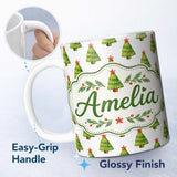 Personalized Custom Name Watercolor Christmas Trees with Red Star Toppers Festive Seamless 11oz Ceramic Coffee Tea Mug White Large Handle