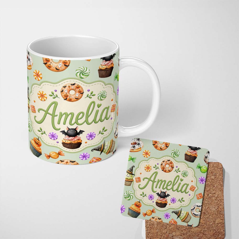 Personalized Custom Name Cute Halloween Donuts Sweet Spooky Treats Soft Sage Background 11oz Ceramic Coffee Tea Mug White Large Handle