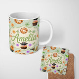 Personalized Custom Name Cute Halloween Donuts Sweet Spooky Treats Soft Sage Background 11oz Ceramic Coffee Tea Mug White Large Handle
