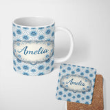 Personalized Custom Name Blue Floral Vintage Seamless Pattern Elegant Botanical Design Lovely 11oz Ceramic Coffee Tea Mug White Large Handle