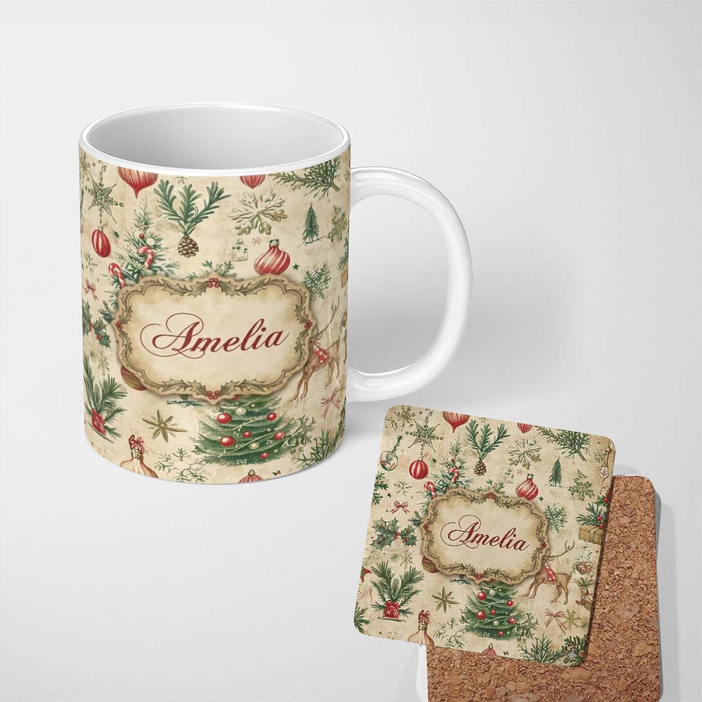 Personalized Custom Name Vintage Woodland Christmas Tree Deer Fox Ornaments and Snowflakes 11oz Ceramic Coffee Tea Mug White Large Handle