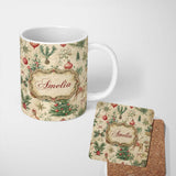 Personalized Custom Name Vintage Woodland Christmas Tree Deer Fox Ornaments and Snowflakes 11oz Ceramic Coffee Tea Mug White Large Handle