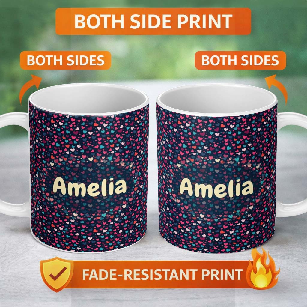 Personalized Custom Name Colourful Hearts on Navy Background Cute Love Seamless Pattern 11oz Ceramic Coffee Tea Mug White Large Handle