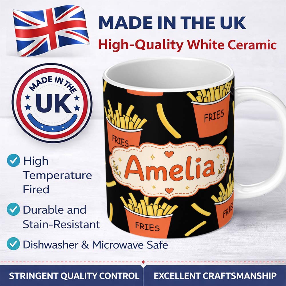 Personalized Custom Name Cute French Fries Cartoon Snack Food Black Background Seamless 11oz Ceramic Coffee Tea Mug White Large Handle