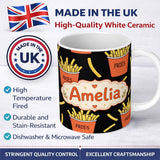 Personalized Custom Name Cute French Fries Cartoon Snack Food Black Background Seamless 11oz Ceramic Coffee Tea Mug White Large Handle