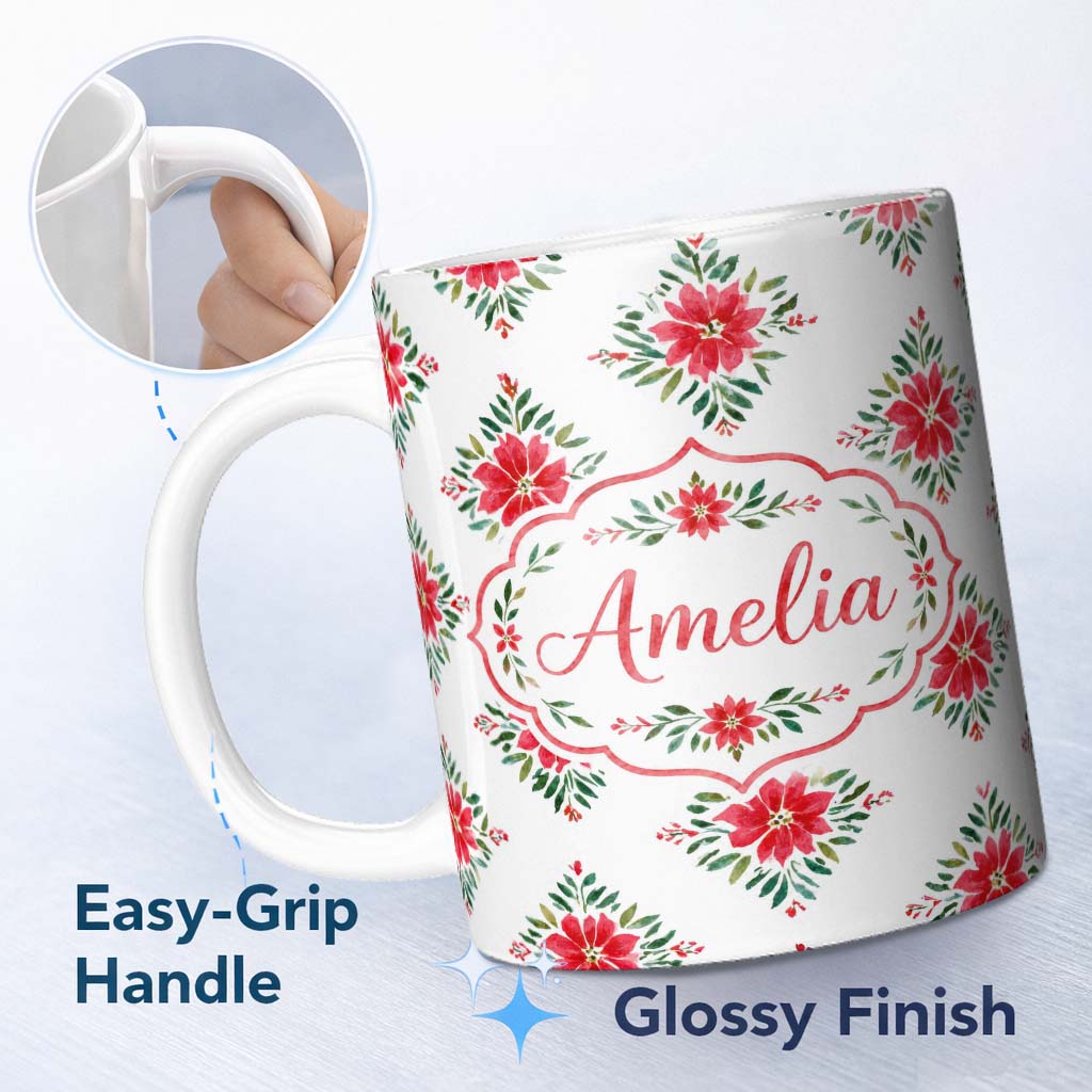 Personalized Custom Name Watercolor Poinsettia Floral Christmas Festive Seamless Pattern 11oz Ceramic Coffee Tea Mug White Large Handle