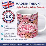 Personalized Custom Name Cute Teddy Bear Cupcake Candy Hearts Romantic Collage Seamless Black 11oz Ceramic Coffee Tea Mug White Large Handle