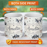 Personalized Custom Name Cute Baby Bats Flying with Stars Soft Grey Background Seamless 11oz Ceramic Coffee Tea Mug White Large Handle