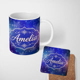 Personalized Custom Name Snowflake Bokeh Winter Seamless Pattern Design Soft Glow Lovely 11oz Ceramic Coffee Tea Mug White Large Handle