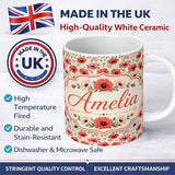 Personalized Custom Name Soft Red and Cream Poppy Meadow Seamless Pattern Cute Unique Gift 11oz Ceramic Coffee Tea Mug White Large Handle