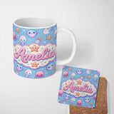Personalized Custom Name Kawaii Jellyfish Puffer Fish Starfish Pastel Ocean Creatures Blue 11oz Ceramic Coffee Tea Mug White Large Handle