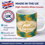 Personalized Custom Name Teal and Gold Abstract Floral Swirl Seamless Pattern with Painterly 11oz Ceramic Coffee Tea Mug White Large Handle