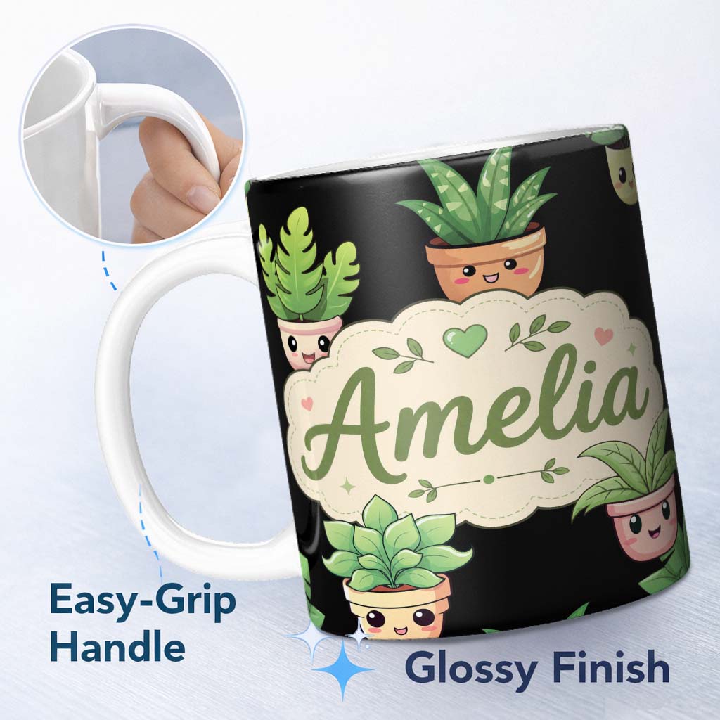 Personalized Custom Name Cute Kawaii Cute Plant Pots Leaves Seamless Pattern Black Background 11oz Ceramic Coffee Tea Mug White Large Handle