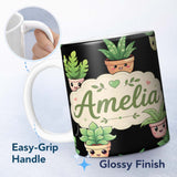 Personalized Custom Name Cute Kawaii Cute Plant Pots Leaves Seamless Pattern Black Background 11oz Ceramic Coffee Tea Mug White Large Handle