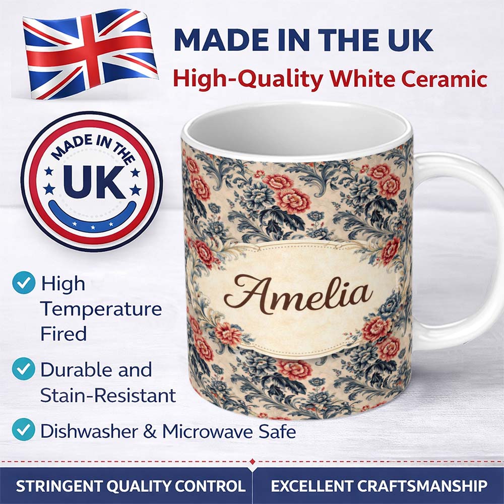 Personalized Custom Name Blue Red Vintage Floral Seamless Pattern Classic Botanical Lovely 11oz Ceramic Coffee Tea Mug White Large Handle