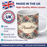 Personalized Custom Name Blue Red Vintage Floral Seamless Pattern Classic Botanical Lovely 11oz Ceramic Coffee Tea Mug White Large Handle