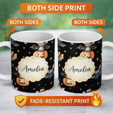Personalized Custom Name Cute Halloween Bats Sitting on Pumpkins with Stars Black Background 11oz Ceramic Coffee Tea Mug White Large Handle