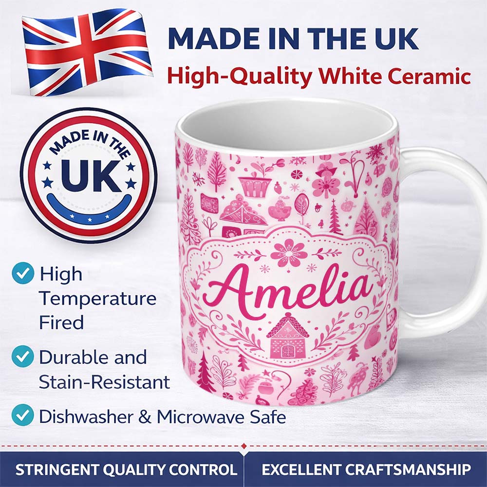Personalized Custom Name Cute Pink Christmas Folk Art Tree House Floral Seamless Pattern 11oz Ceramic Coffee Tea Mug White Large Handle