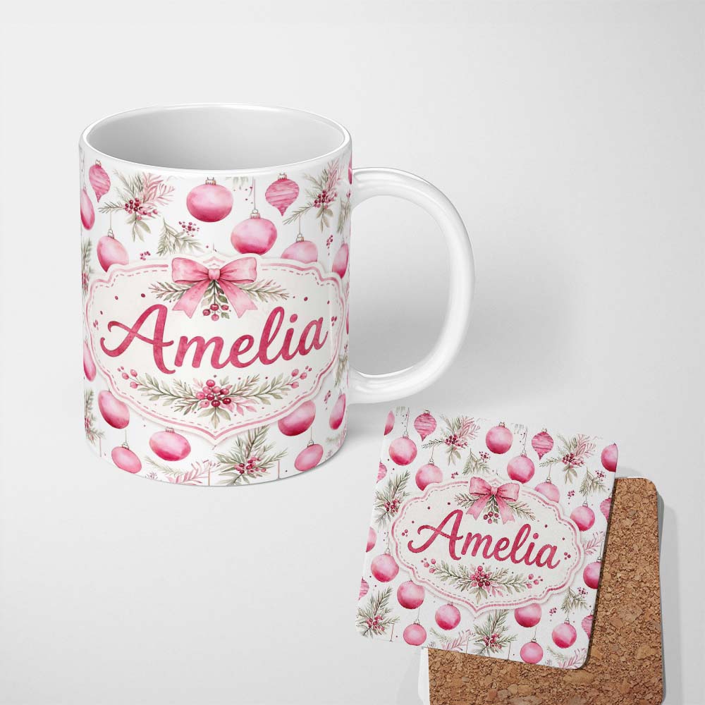 Personalized Custom Name Watercolor Pink Christmas Baubles Pine Leave Seamless Pattern 11oz Ceramic Coffee Tea Mug White Large Handle