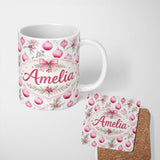 Personalized Custom Name Watercolor Pink Christmas Baubles Pine Leave Seamless Pattern 11oz Ceramic Coffee Tea Mug White Large Handle