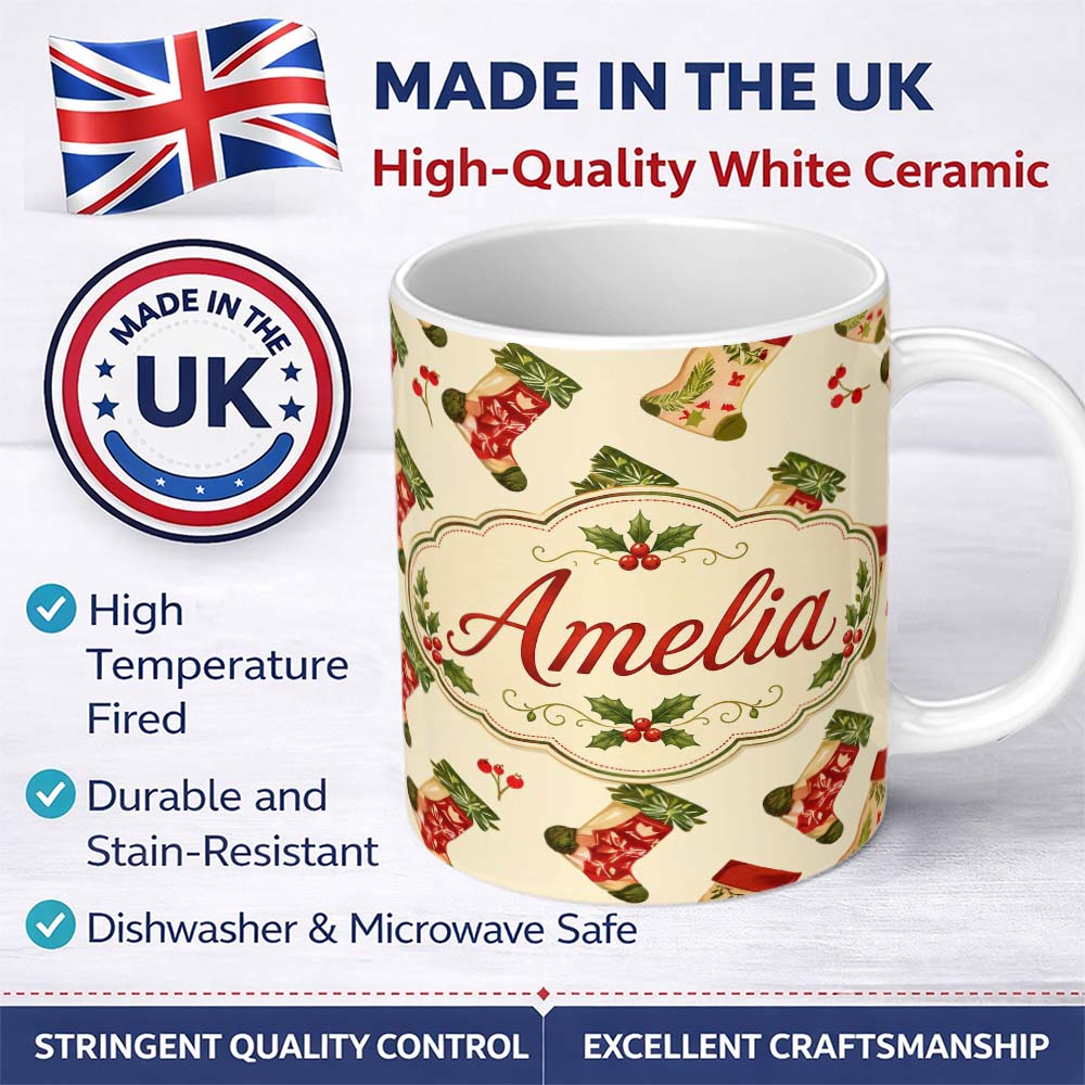 Personalized Custom Name Watercolor Christmas Stockings with Holly Berries Festive Holiday 11oz Ceramic Coffee Tea Mug White Large Handle