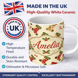 Personalized Custom Name Watercolor Christmas Stockings with Holly Berries Festive Holiday 11oz Ceramic Coffee Tea Mug White Large Handle