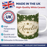 Personalized Custom Name Green Gold Leopard Glitter Star Seamless Pattern Design Festive 11oz Ceramic Coffee Tea Mug White Large Handle