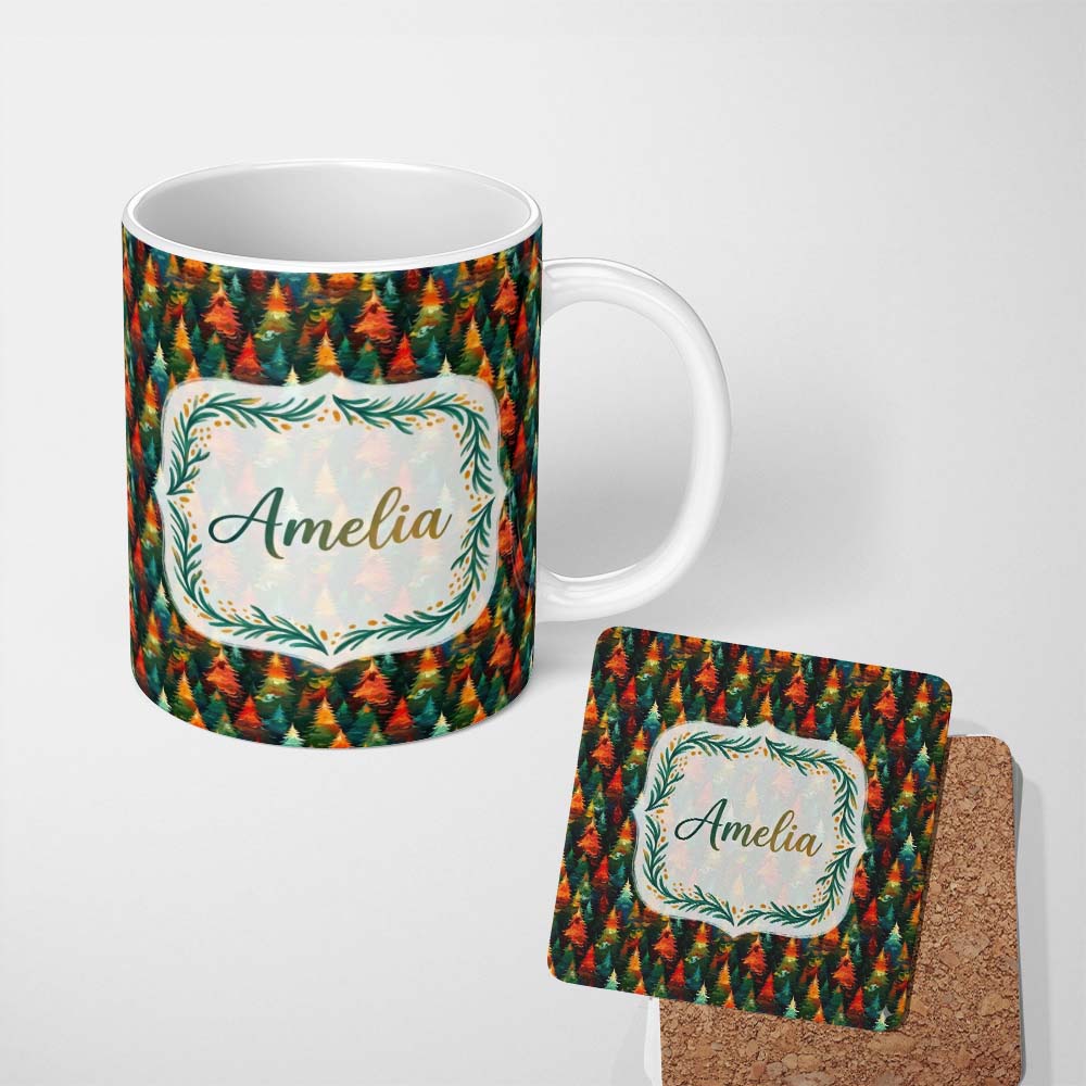 Personalized Custom Name Colorful Artistic Forest Trees Autumn Style Seamless Pattern Lovely 11oz Ceramic Coffee Tea Mug White Large Handle