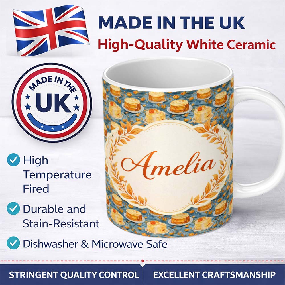 Personalized Custom Name Yellow Artistic Cake Seamless Pattern Painted Dessert Food Lovely 11oz Ceramic Coffee Tea Mug White Large Handle