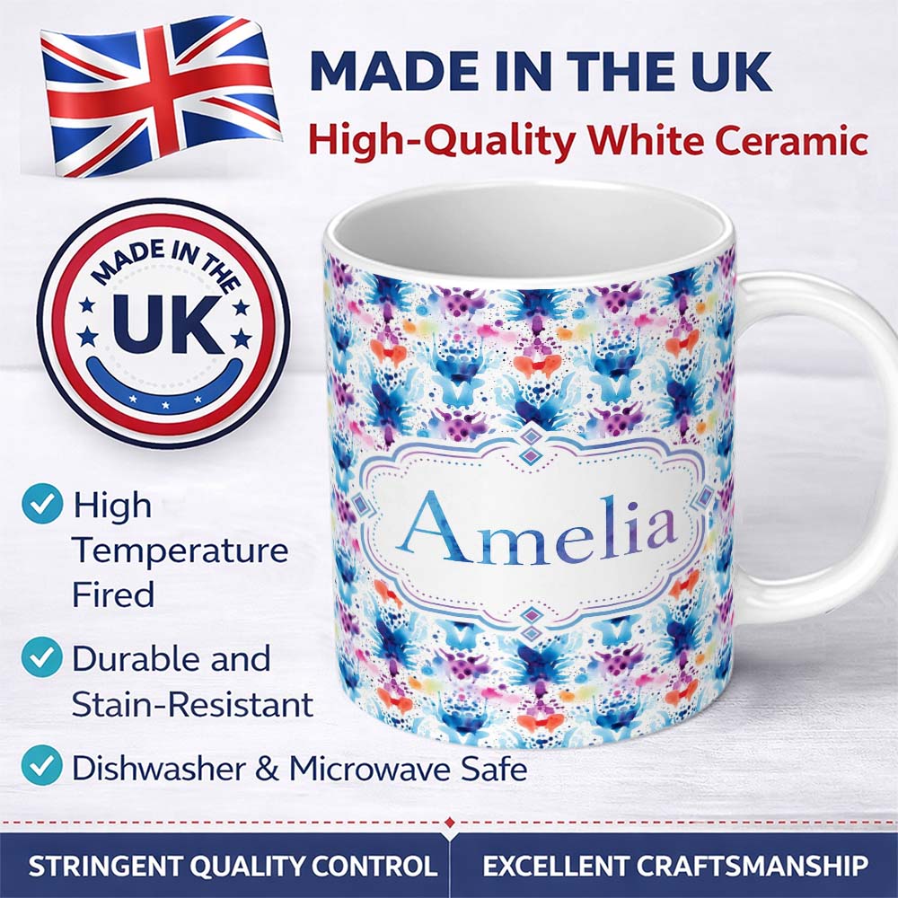 Personalized Custom Name Blue Purple Watercolor Floral Abstract Artistic Seamless Pattern 11oz Ceramic Coffee Tea Mug White Large Handle